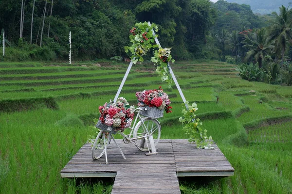Фотопятно Велосипеда Букетами Красочных Цветов Сельской Дороге Фоне Сельской Местности — стоковое фото