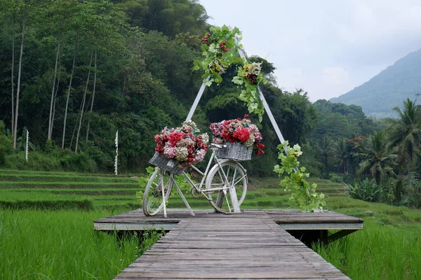 Ponto Foto Bicicleta Com Buquês Flores Coloridas Uma Estrada Rural — Fotografia de Stock