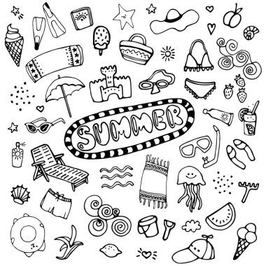 Büyük bir el çizimi karikatür yaz sembolü ve paketleme, paket, poster, web tasarımı, kumaş nesneleri. Resim beyaz arkaplan üzerinde izole edildi