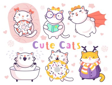 Çıkartmalar, kartlar, etiketler ve etiketler için beyaz üzerine izole edilmiş 6 sevimli kawaii kedisi. Asgari biçim