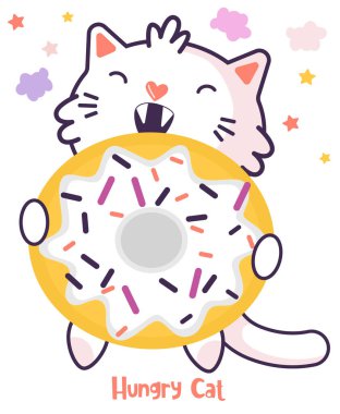 Düz aç kedi, çizgi film. Çocuk vektörü. İyi tatiller. Kreş çocukları için mükemmel, tebrik kartı, bebek partisi kızı, kumaş tasarımı.