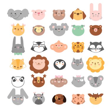 30 hayvan ve kuşun oluşturduğu büyük renkli set, çıkartmalar ve kartlar için beyaz üzerine izole edilmiş siluetler ile karşılaşıyor. Minimal stil, kedi, köpek, fare, tavşan, baykuş, koala, ayı, rakun, kaplan, kurbağa, aslan, maymun, domuz, kurt, geyik, fil, penguen, miskin, panda