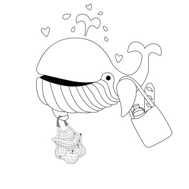 Çizgi film balina vektör renk kitabı. Okyanus konseptini koru. Çevre çantası ve ip torbası olan şirin bir balina. Kelime Balinası Günü, Dünya Okyanusu Günü, Dünya Günü.