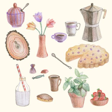 Sabah kahvaltısı için güzel özellikler. Renkli el yazısı çizimi çizimi. Evde kal.