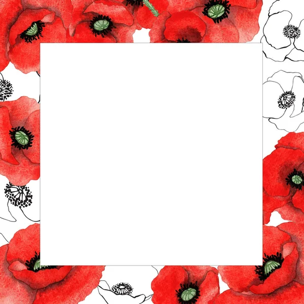 Hand drawn frame with watercolor and line Poppies