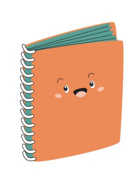 Komik suratlı şirin bir defter. Şirin okul malzemeleri. Vektör, kawaii