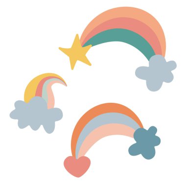 Bulutlu, hert ve yıldızlı şirin gökkuşakları. Şirin okul malzemeleri. Vektör, kawaii