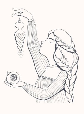 Noel süsleriyle güzel bir kız. Vektör. Kartlara, kupalara ve posterlere basabilirsin.