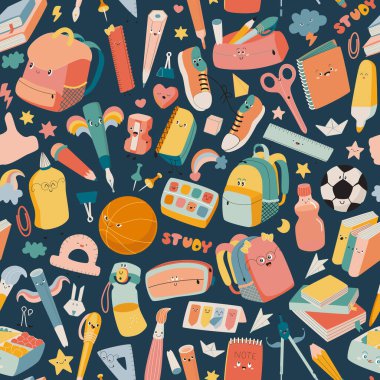Cute seamless pattern with School Supplies. Bags, rainbows, pens, pencils, notebooks, protractors, balls and other. Vector, kawaii
