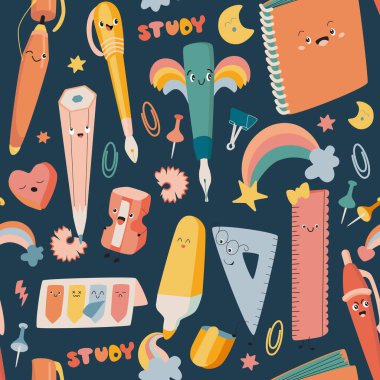 Cute seamless pattern with School Supplies. Rulers, rainbows, pens, pencils, notebooks, stickers and other. Vector, kawaii