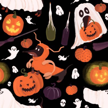 Halloween seamless pattern with funny dachshunds, pumpkins, brooms, candles and ghost. 