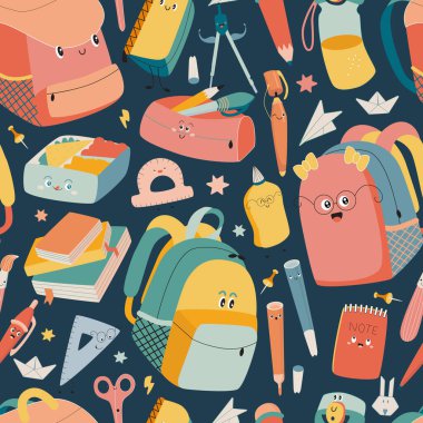 Cute seamless pattern with School Supplies. Bags, rainbows, pens, pencils, notebooks, lunchbox. Vector, kawaii