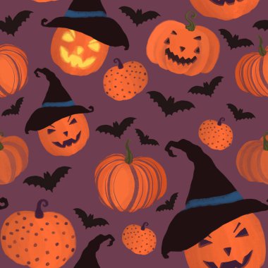Halloween seamless pattern with funny pumpkins and bats . Beautiful digital background for decoration halloween designs. 300 DPI