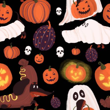 Halloween seamless pattern with funny dachshunds pumpkins and skulls . Beautiful digital background for decoration halloween designs. 300 DPI
