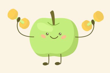 Funny apple trains with dumbbells. Fruits lead an active lifestyle. 