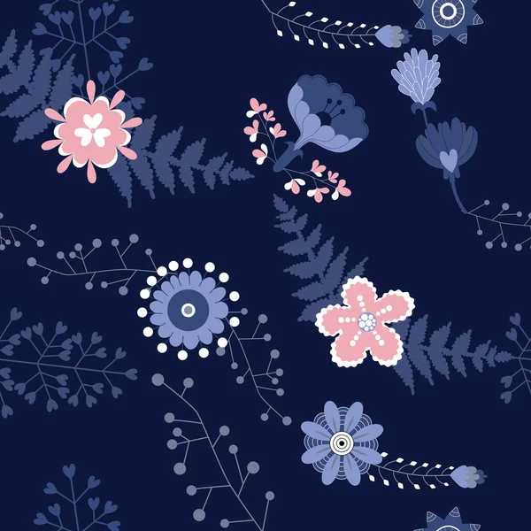 Night Flowers Blue Pink Color Night Background Seamless Vector Pattern — Vetor de Stock