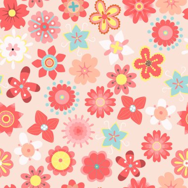 Bahçe çiçeği, bitkiler, botanik, kusursuz model vektör tasarımı moda, kumaş, çocuklar, duvar kâğıdı ve pembe arka plan renklerindeki tüm baskılar için. Küçük çiçekte şirin bir desen. Küçük bahar, renkli çiçekler..
