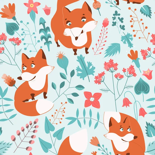 Garden flower, plants, botanical, seamless pattern vector design with cute foxes for kids, fabric, wallpaper and all prints on green mint background color. Cute pattern in small flower. Small spring, colorful flowers.