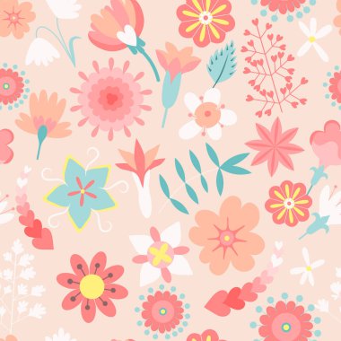 Bahçe çiçeği, bitkiler, botanik, kusursuz model vektör tasarımı moda, kumaş, çocuklar, duvar kâğıdı ve pembe arka plan renklerindeki tüm baskılar için. Küçük çiçekte şirin bir desen. Küçük bahar, renkli çiçekler..