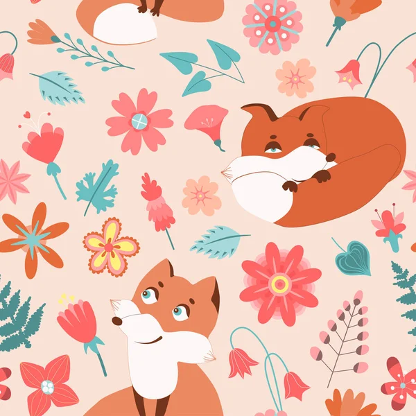Garden flower, plants, botanical, seamless pattern vector design with cute foxes for kids, fabric, wallpaper and all prints on cream background color. Cute pattern in small flower. Small spring, colorful flowers.