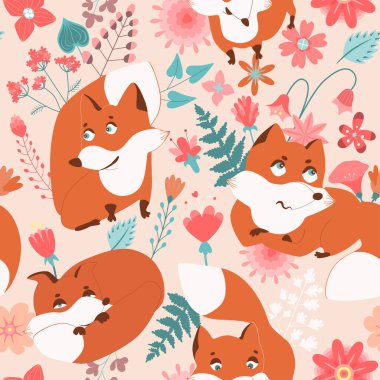 Bahçe çiçeği, bitkiler, botanik, kusursuz desenli vektör tasarımı çocuklar için sevimli tilkiler, kumaş, duvar kağıdı ve krem arkaplan renginde tüm baskılar. Küçük çiçekte şirin bir desen. Küçük bahar, renkli çiçekler..