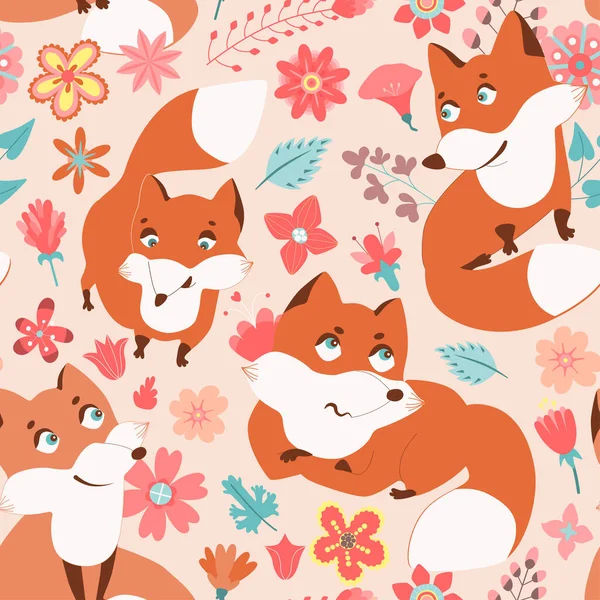 Garden flower, plants, botanical, seamless pattern vector design with cute foxes for kids, fabric, wallpaper and all prints on cream background color. Cute pattern in small flower. Small spring, colorful flowers.