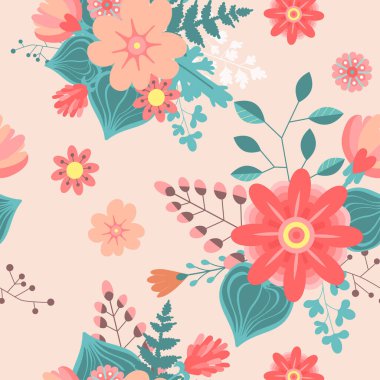 Bahçe çiçeği, bitkiler, botanik, çocuklar için kusursuz desenli vektör tasarımı, kumaş, duvar kağıdı ve pembe arka plan renklerindeki tüm baskılar. Küçük çiçekte şirin bir desen. Küçük bahar, renkli çiçekler..