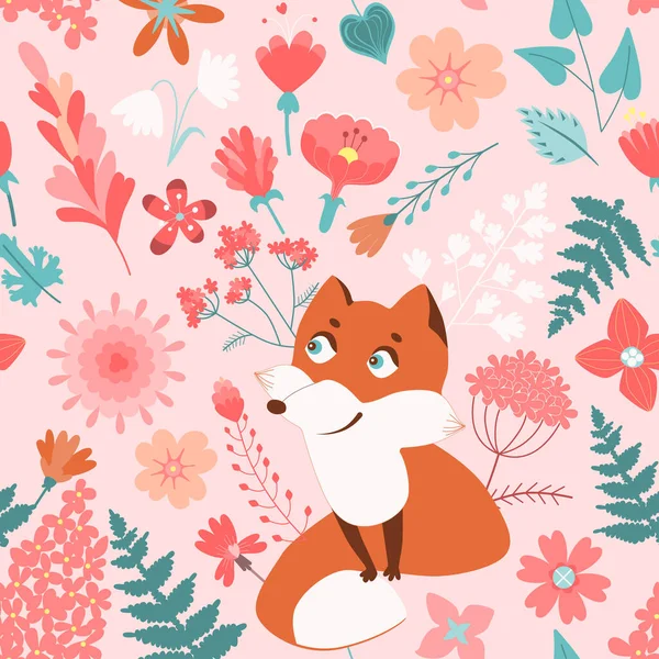Garden flower, plants, botanical, seamless pattern vector design with cute foxes for kids, fabric, wallpaper and all prints on pink background color. Cute pattern in small flower. Small spring, colorful flowers.