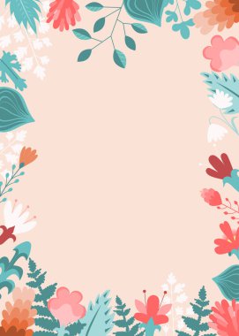 Vektör çiçek çerçevesi. Davetiyeler, tebrik kartları, posterler, bloglar için çiçek çerçevesi tasarımı. Hassas dallar ve yapraklar.