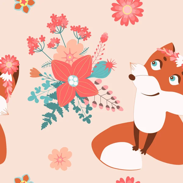Garden flower, plants, botanical, seamless pattern vector design with cute foxes for kids, fabric, wallpaper and all prints on pink background color. Cute pattern in small flower. Small spring, colorful flowers.