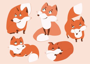 Şirin Tilkiler seti. Orman hayvanı. Bebek odası için poster. Çocuk odası için çocukça bir parmak izi. Tasarım moda tişörtü, tebrik kartı, bebek partisi... vektör illüstrasyonu için kullanılabilir..