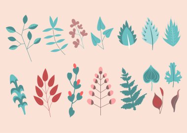 Yapraklı çiçek koleksiyonu, çiçek buketleri. Vektör çiçekler. Botanik elementli bahar sanat baskısı. Mutlu Paskalyalar. Posterler, instagram yazıları ve çıkartmalar için mükemmel..