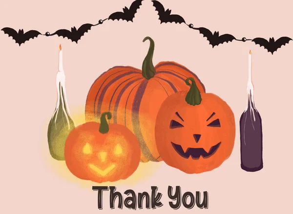 Halloween Stilleven Briefkaart Voor Halloween Pompoenen Kaarsen Vleermuizen — Stockfoto