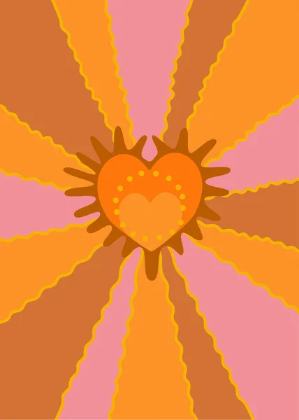 Groovy Hippie 70S Poster Sun Sloganand Heart Vector Psychedelic Background — Stock Vector