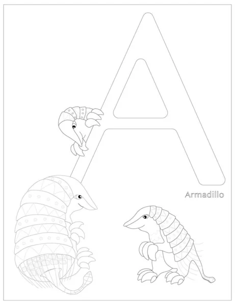 stock vector Vector illustration of educational alphabet coloring page with cartoon for kids. Uppercase and lowercase letter for coloring, tracing, writing, do-a-dot, sticker, cut and paste, kids le arning page.Pink Fairy Armadillo. Chlamyphorus truncatus. Unique