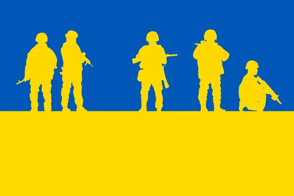 Obraz Ukraińskiej Flagi Niebieski Żółty Razem Sylwetkami Ukraińskiego Wojska Dzień — Wektor stockowy