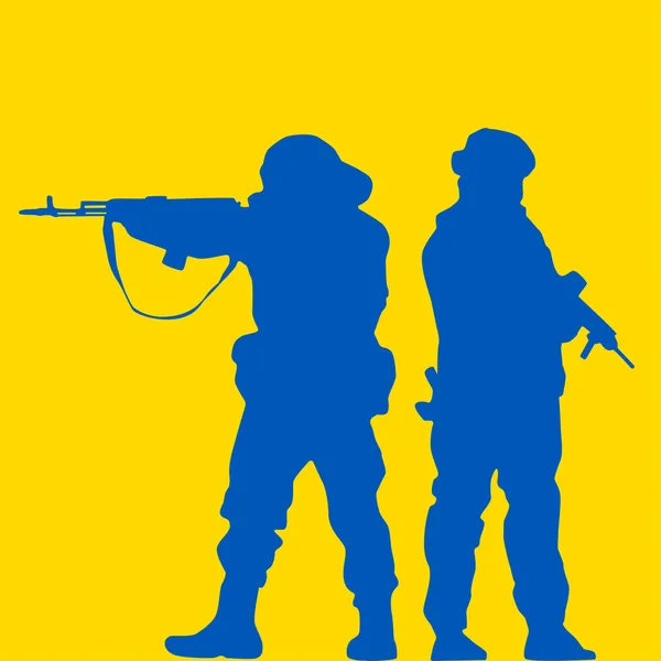Ilustração Vetor Silhueta Homem Militar Ucraniano Imagem Bandeira Ucraniana Azul — Vetor de Stock
