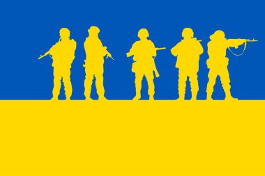 Ukrayna bayrağının resmi - mavi ve sarı. Ukrayna ordusunun siluetleriyle birlikte. Ukrayna bayrağı günü. Ukrayna Askeri Siluet Vektör İllüzyonu