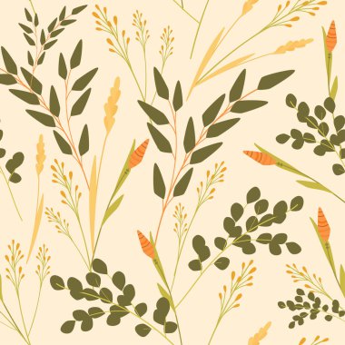 Kusursuz yaprak deseni doğal dallar, yeşil yapraklar, bitkiler. Vektör taze güzellik kırsal çevre dostu arka plan