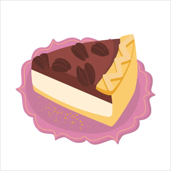 Pecan Pie Delicious Cake Small Slices Pecan Pie Violet Plate — Stock Vector