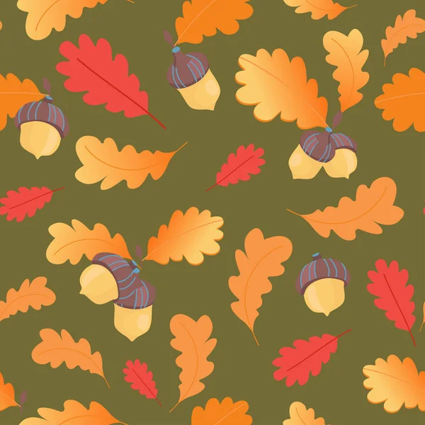 Seamless Forest Pattern Acorns Autumn Leaves Fall Background Vector Wallpaper — Stock Vector