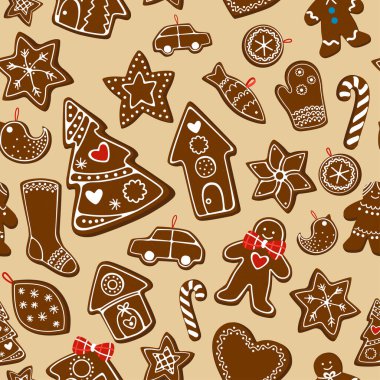 Noel zencefilli çörekle kusursuz bir Noel deseni. Top, çorap, evler, zencefilli çörek, sopa, ağaç reklamı. Noel Zencefilli Çörek Koleksiyonu