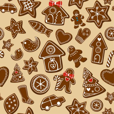 Noel zencefilli çörekle kusursuz bir Noel deseni. Top, çorap, evler, zencefilli çörek, sopa, ağaç reklamı. Noel Zencefilli Çörek Koleksiyonu