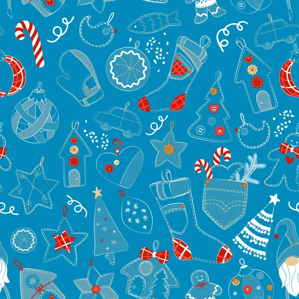 Natal Padrão Doodle Sem Costura Decoração Costurada Mão Partir Jeans Ilustrações De Bancos De Imagens Sem Royalties