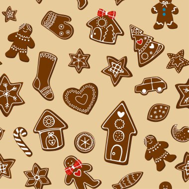 Noel zencefilli çörekle kusursuz bir Noel deseni. Top, çorap, evler, zencefilli çörek, sopa, ağaç reklamı. Noel Zencefilli Çörek Koleksiyonu