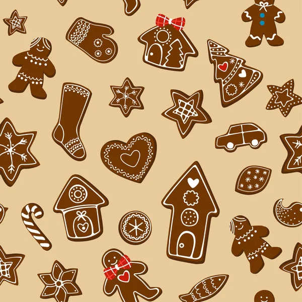 Noel zencefilli çörekle kusursuz bir Noel deseni. Top, çorap, evler, zencefilli çörek, sopa, ağaç reklamı. Noel Zencefilli Çörek Koleksiyonu