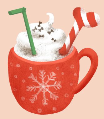 A festive red mug with a snowflake, filled with whipped cream and topped with bone-sprinkles. green straw and bone stirrer with red stripes. ideal for holiday, winter, or pet-themed projects. JPG clipart