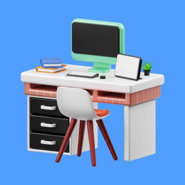 3D ofis masası 3D bilgisayar tablosu illüstrasyonu