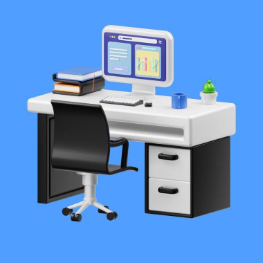 3D ofis masası 3D bilgisayar tablosu illüstrasyonu
