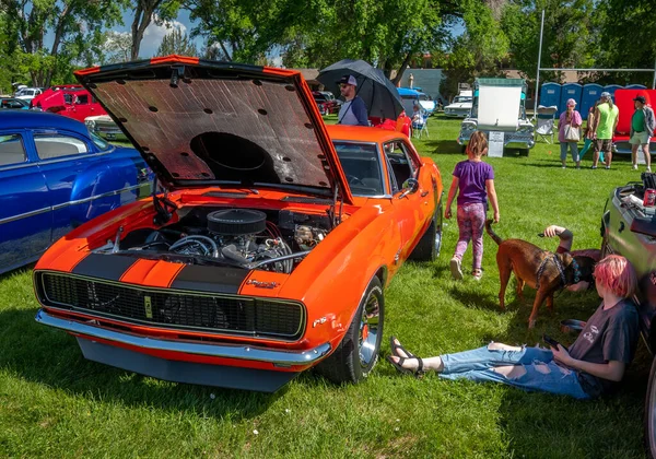 stock image Canon City, CO, USA - June 10, 2023: Vintage cars and the peoople they attract at the 41st Annual Canon Car Club show on the grounds at the Abbey.